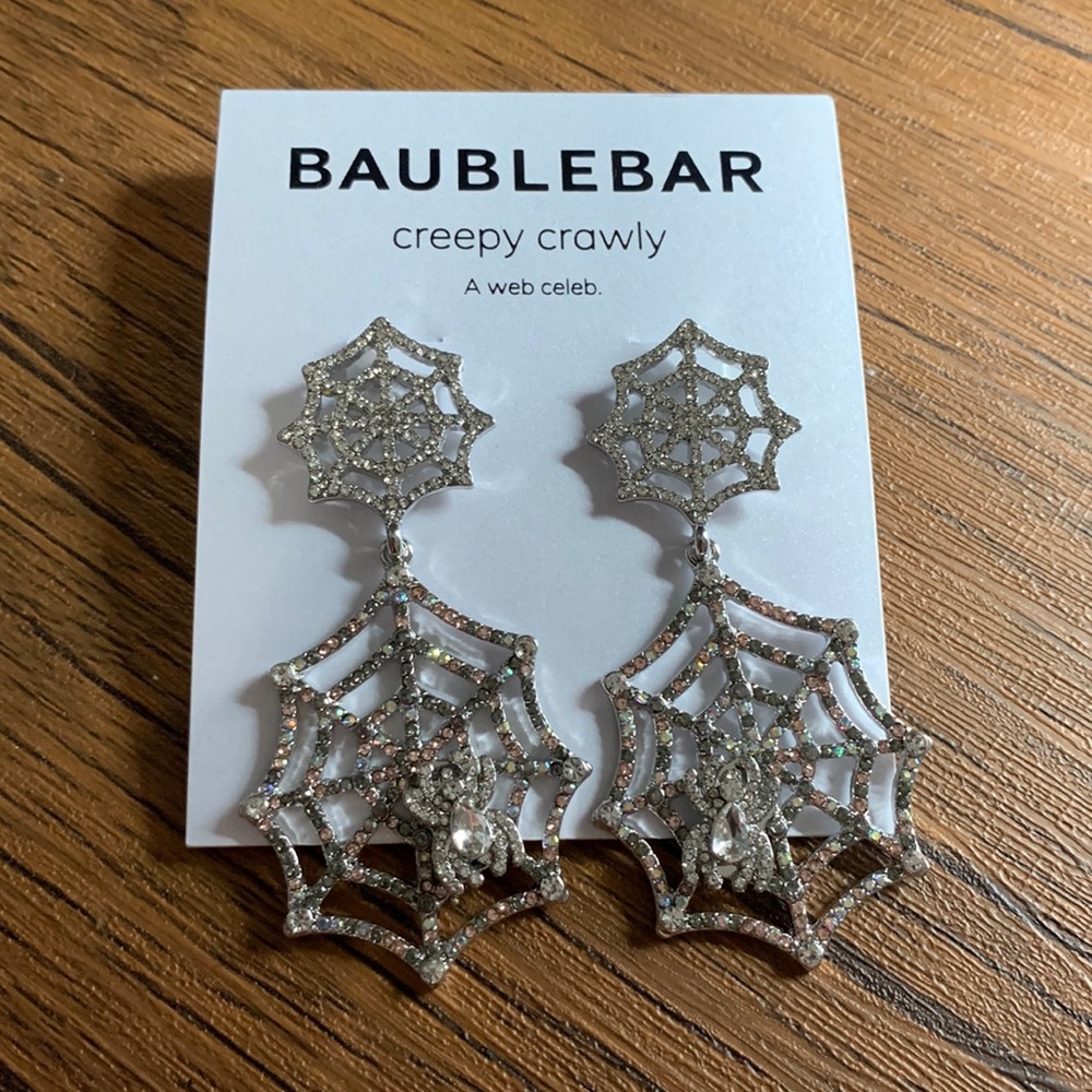 Baublebar creepy crawly silver spiderweb stud dangle earrings